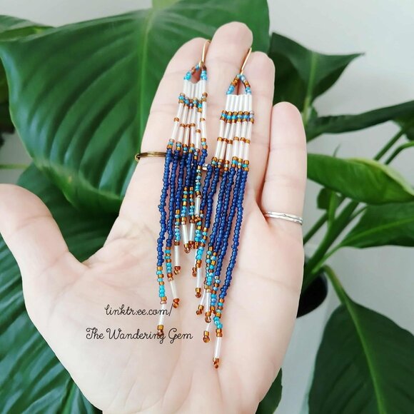 Beaded Fringe Dangle Earrings, Seed Bead Jewelry, Boho Chic Statement 5" - Picture 5 of 9